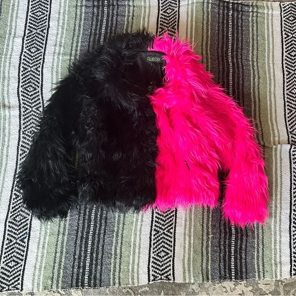 NWT club exx dolls kill black and pink split furry fluffy jacket - Picture 1 of 7